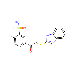 NS(=O)(=O)c1cc(C(=O)CSc2nc3ccccc3[nH]2)ccc1Cl ZINC000064526424