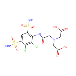 NS(=O)(=O)c1cc(S(N)(=O)=O)c(NC(=O)CN(CC(=O)O)CC(=O)O)c(Cl)c1Cl ZINC000013472909