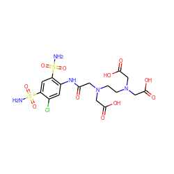 NS(=O)(=O)c1cc(S(N)(=O)=O)c(NC(=O)CN(CCN(CC(=O)O)CC(=O)O)CC(=O)O)cc1Cl ZINC000029249408