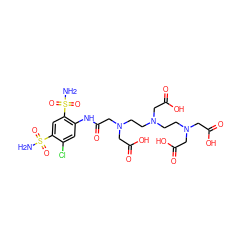 NS(=O)(=O)c1cc(S(N)(=O)=O)c(NC(=O)CN(CCN(CCN(CC(=O)O)CC(=O)O)CC(=O)O)CC(=O)O)cc1Cl ZINC000034717918