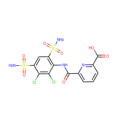 NS(=O)(=O)c1cc(S(N)(=O)=O)c(NC(=O)c2cccc(C(=O)O)n2)c(Cl)c1Cl ZINC000013799127