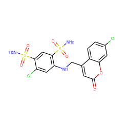 NS(=O)(=O)c1cc(S(N)(=O)=O)c(NCc2cc(=O)oc3cc(Cl)ccc23)cc1Cl ZINC000027739782