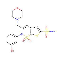 NS(=O)(=O)c1cc2c(s1)S(=O)(=O)N(c1cccc(O)c1)C(CN1CCOCC1)=C2 ZINC000012503368