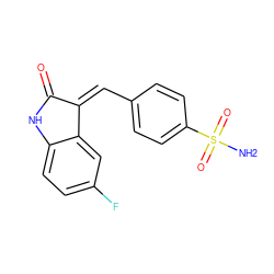 NS(=O)(=O)c1ccc(/C=C2/C(=O)Nc3ccc(F)cc32)cc1 ZINC000064560114