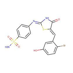 NS(=O)(=O)c1ccc(/N=C2/NC(=O)/C(=C/c3cc(O)ccc3Br)S2)cc1 ZINC000017150141