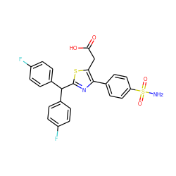 NS(=O)(=O)c1ccc(-c2nc(C(c3ccc(F)cc3)c3ccc(F)cc3)sc2CC(=O)O)cc1 ZINC000045364407