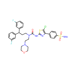 NS(=O)(=O)c1ccc(-c2nc(NC(=O)N(CCC(c3cccc(F)c3)c3cccc(F)c3)CCN3CCOCC3)sc2Cl)cc1 ZINC000150599783