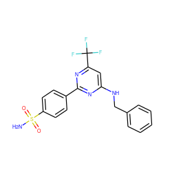 NS(=O)(=O)c1ccc(-c2nc(NCc3ccccc3)cc(C(F)(F)F)n2)cc1 ZINC000029132579