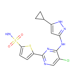 NS(=O)(=O)c1ccc(-c2ncc(Cl)c(Nc3cc(C4CC4)[nH]n3)n2)s1 ZINC000115370993