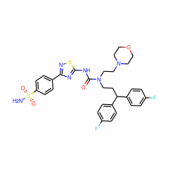 NS(=O)(=O)c1ccc(-c2nsc(NC(=O)N(CCC(c3ccc(F)cc3)c3ccc(F)cc3)CCN3CCOCC3)n2)cc1 ZINC000150599809