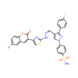 NS(=O)(=O)c1ccc(-n2cc(/C=N\Nc3nc(-c4cc5cc(Br)ccc5oc4=O)cs3)c(-c3ccc(F)cc3)n2)cc1 ZINC000653878751