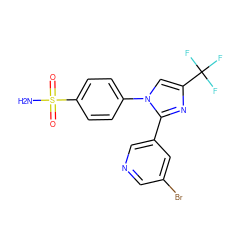 NS(=O)(=O)c1ccc(-n2cc(C(F)(F)F)nc2-c2cncc(Br)c2)cc1 ZINC000003814622