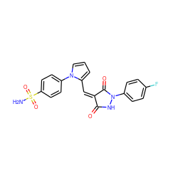 NS(=O)(=O)c1ccc(-n2cccc2/C=C2/C(=O)NN(c3ccc(F)cc3)C2=O)cc1 ZINC000013425309