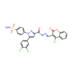 NS(=O)(=O)c1ccc(-n2nc(C(=O)N/N=C/c3c(Cl)c4ccccc4oc3=O)cc2-c2ccc(Cl)c(Cl)c2)cc1 ZINC000653887107