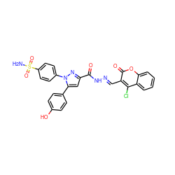 NS(=O)(=O)c1ccc(-n2nc(C(=O)N/N=C/c3c(Cl)c4ccccc4oc3=O)cc2-c2ccc(O)cc2)cc1 ZINC000653886993