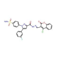 NS(=O)(=O)c1ccc(-n2nc(C(=O)N/N=C/c3c(Cl)c4ccccc4oc3=O)cc2-c2cccc(F)c2)cc1 ZINC000653886967