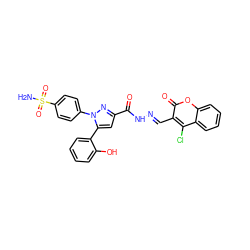 NS(=O)(=O)c1ccc(-n2nc(C(=O)N/N=C/c3c(Cl)c4ccccc4oc3=O)cc2-c2ccccc2O)cc1 ZINC000653887169