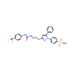 NS(=O)(=O)c1ccc(-n2nc(CCCNC(=O)Nc3ccc(C(F)(F)F)cc3)cc2-c2ccccc2)cc1 ZINC000071296318