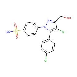 NS(=O)(=O)c1ccc(-n2nc(CO)c(Cl)c2-c2ccc(Cl)cc2)cc1 ZINC000003814712