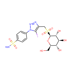 NS(=O)(=O)c1ccc(-n2nnc(CS(=O)(=O)[C@@H]3O[C@H](CO)[C@@H](O)[C@H](O)[C@H]3O)c2I)cc1 ZINC000072123175