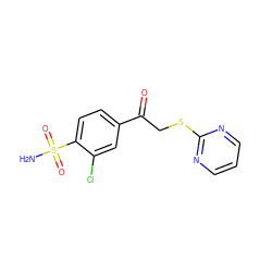 NS(=O)(=O)c1ccc(C(=O)CSc2ncccn2)cc1Cl ZINC000095920929