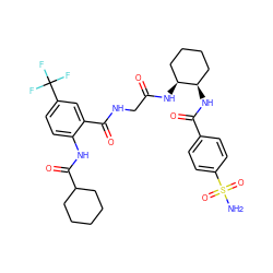 NS(=O)(=O)c1ccc(C(=O)N[C@@H]2CCCC[C@@H]2NC(=O)CNC(=O)c2cc(C(F)(F)F)ccc2NC(=O)C2CCCCC2)cc1 ZINC000029151519