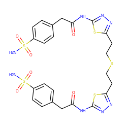 NS(=O)(=O)c1ccc(CC(=O)Nc2nnc(CCSCCc3nnc(NC(=O)Cc4ccc(S(N)(=O)=O)cc4)s3)s2)cc1 ZINC000169698022