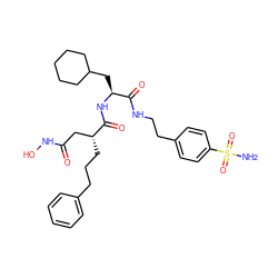 NS(=O)(=O)c1ccc(CCNC(=O)[C@H](CC2CCCCC2)NC(=O)[C@H](CCCc2ccccc2)CC(=O)NO)cc1 ZINC000137234145