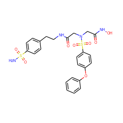 NS(=O)(=O)c1ccc(CCNC(=O)CN(CC(=O)NO)S(=O)(=O)c2ccc(Oc3ccccc3)cc2)cc1 ZINC000028819190