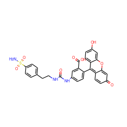 NS(=O)(=O)c1ccc(CCNC(=O)Nc2ccc(-c3c4ccc(=O)cc-4oc4cc(O)ccc34)c(C(=O)O)c2)cc1 ZINC000042808081