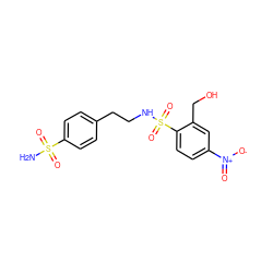 NS(=O)(=O)c1ccc(CCNS(=O)(=O)c2ccc([N+](=O)[O-])cc2CO)cc1 ZINC000095585199