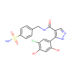 NS(=O)(=O)c1ccc(CNC(=O)c2cn[nH]c2-c2cc(Cl)c(O)cc2O)cc1 ZINC000014958419