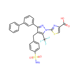 NS(=O)(=O)c1ccc(Cc2c(-c3cccc(-c4ccccc4)c3)nn(-c3nc(C(=O)O)cs3)c2C(F)(F)F)cc1 ZINC001772640840