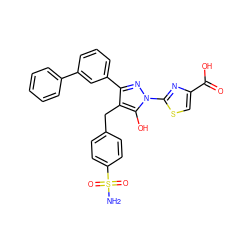 NS(=O)(=O)c1ccc(Cc2c(-c3cccc(-c4ccccc4)c3)nn(-c3nc(C(=O)O)cs3)c2O)cc1 ZINC001772615892