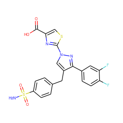 NS(=O)(=O)c1ccc(Cc2cn(-c3nc(C(=O)O)cs3)nc2-c2ccc(F)c(F)c2)cc1 ZINC001772621989