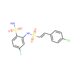 NS(=O)(=O)c1ccc(F)cc1NS(=O)(=O)/C=C/c1ccc(Cl)cc1 ZINC000143567069