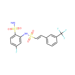 NS(=O)(=O)c1ccc(F)cc1NS(=O)(=O)/C=C/c1cccc(C(F)(F)F)c1 ZINC000144172517