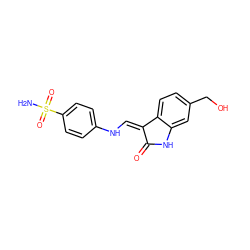 NS(=O)(=O)c1ccc(N/C=C2\C(=O)Nc3cc(CO)ccc32)cc1 ZINC000013470471