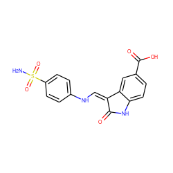 NS(=O)(=O)c1ccc(N/C=C2\C(=O)Nc3ccc(C(=O)O)cc32)cc1 ZINC000013470455