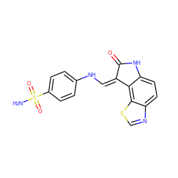 NS(=O)(=O)c1ccc(N/C=C2\C(=O)Nc3ccc4ncsc4c32)cc1 ZINC000013470481