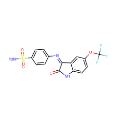 NS(=O)(=O)c1ccc(N=C2C(=O)Nc3ccc(OC(F)(F)F)cc32)cc1 ZINC000653722906