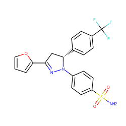 NS(=O)(=O)c1ccc(N2N=C(c3ccco3)C[C@@H]2c2ccc(C(F)(F)F)cc2)cc1 ZINC000653780458