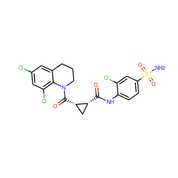 NS(=O)(=O)c1ccc(NC(=O)[C@@H]2C[C@@H]2C(=O)N2CCCc3cc(Cl)cc(Cl)c32)c(Cl)c1 ZINC000043177896