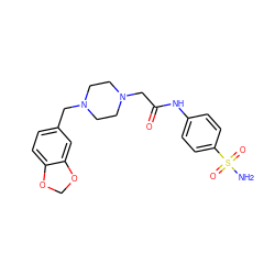 NS(=O)(=O)c1ccc(NC(=O)CN2CCN(Cc3ccc4c(c3)OCO4)CC2)cc1 ZINC000021847639