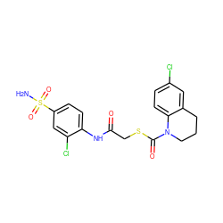 NS(=O)(=O)c1ccc(NC(=O)CSC(=O)N2CCCc3cc(Cl)ccc32)c(Cl)c1 ZINC000048999179