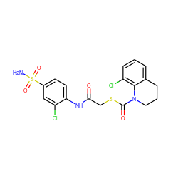 NS(=O)(=O)c1ccc(NC(=O)CSC(=O)N2CCCc3cccc(Cl)c32)c(Cl)c1 ZINC000049015761