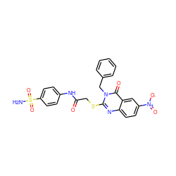 NS(=O)(=O)c1ccc(NC(=O)CSc2nc3ccc([N+](=O)[O-])cc3c(=O)n2Cc2ccccc2)cc1 ZINC000299822135