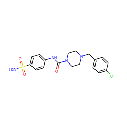 NS(=O)(=O)c1ccc(NC(=O)N2CCN(Cc3ccc(Cl)cc3)CC2)cc1 ZINC000018175591