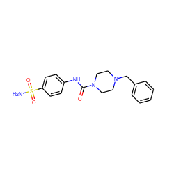 NS(=O)(=O)c1ccc(NC(=O)N2CCN(Cc3ccccc3)CC2)cc1 ZINC000018174949