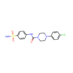 NS(=O)(=O)c1ccc(NC(=O)N2CCN(c3ccc(Cl)cc3)CC2)cc1 ZINC000069075592